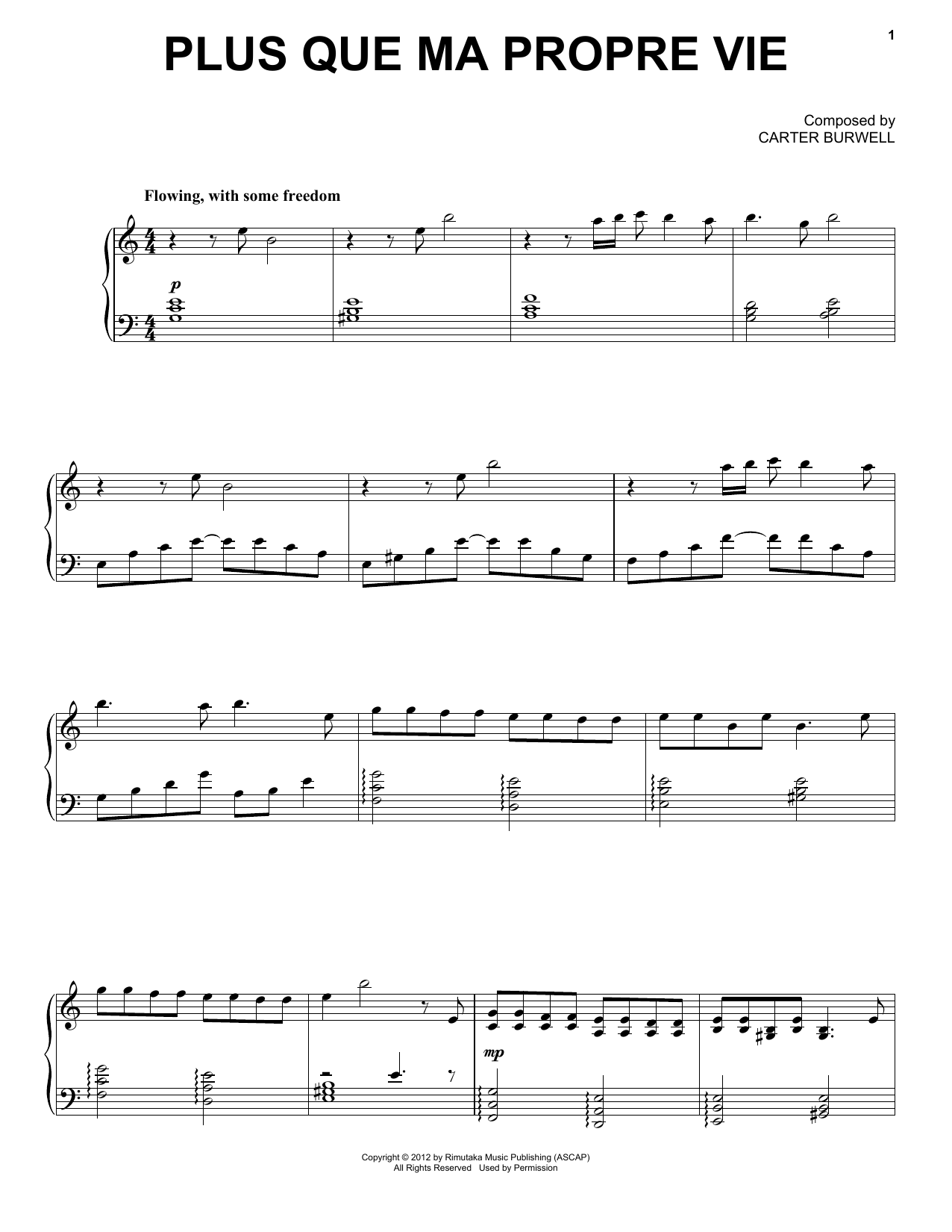 Download Carter Burwell Plus Que Ma Propre Vie Sheet Music and learn how to play Piano, Vocal & Guitar (Right-Hand Melody) PDF digital score in minutes