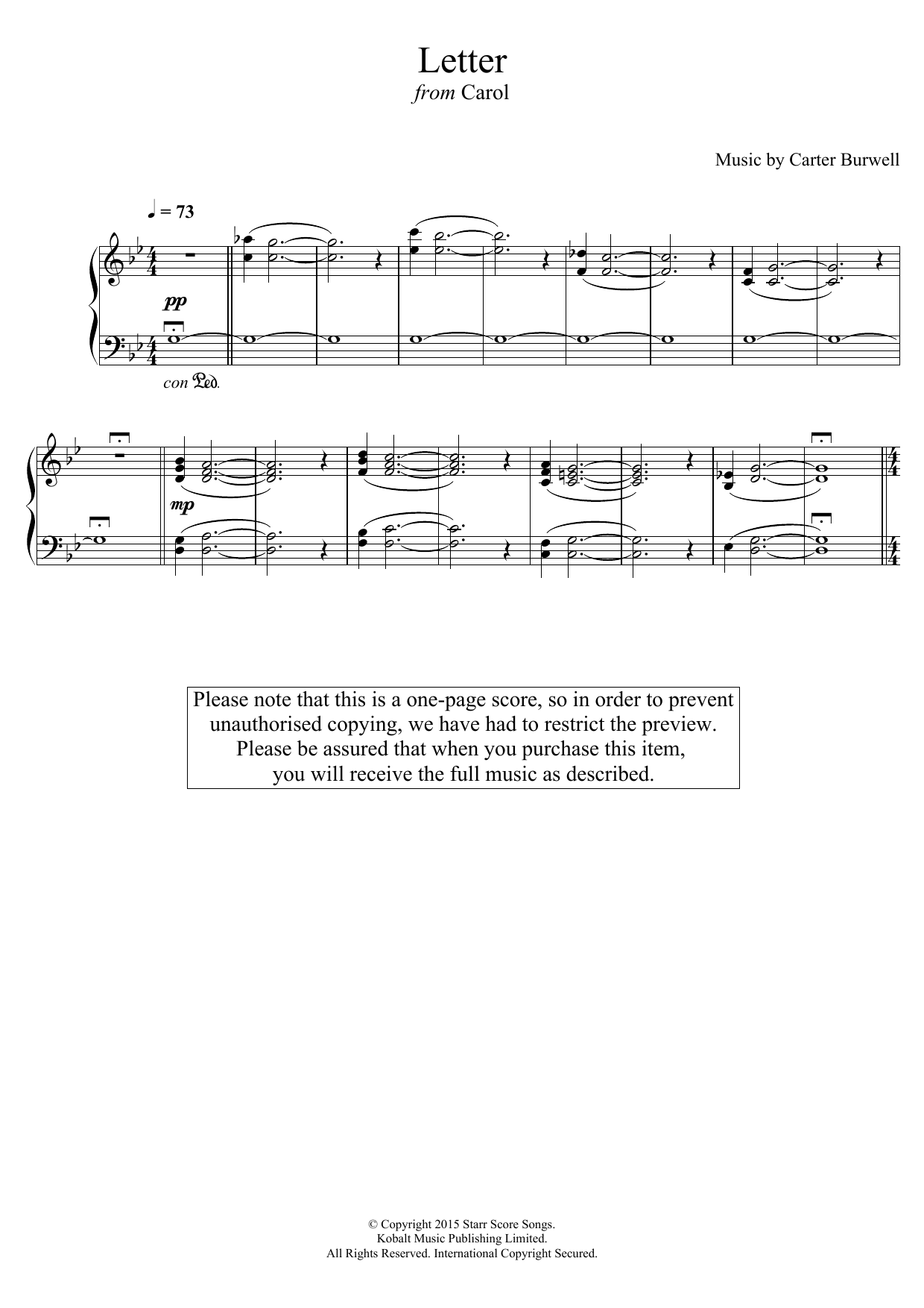 Download Carter Burwell The Letter (from 'Carol') Sheet Music and learn how to play Piano PDF digital score in minutes