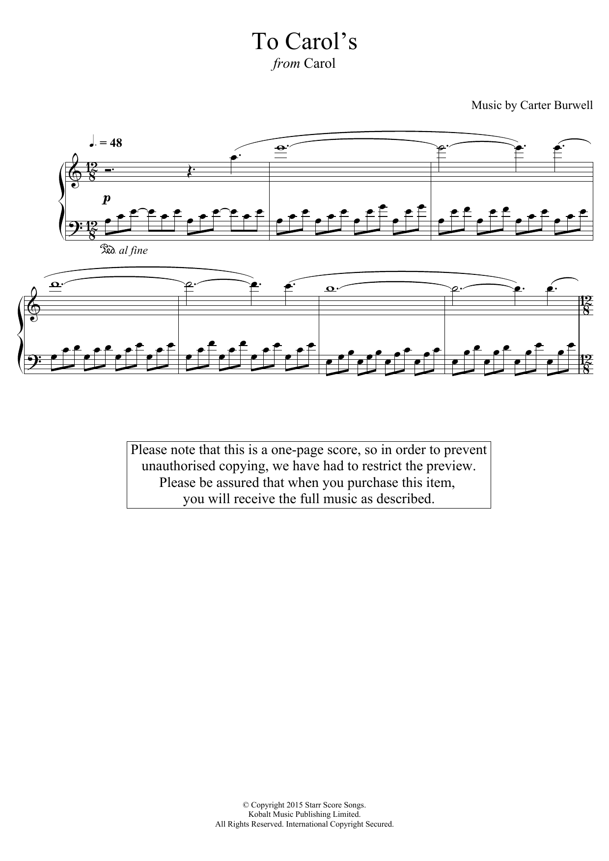 Download Carter Burwell To Carol's (from 'Carol') Sheet Music and learn how to play Piano PDF digital score in minutes