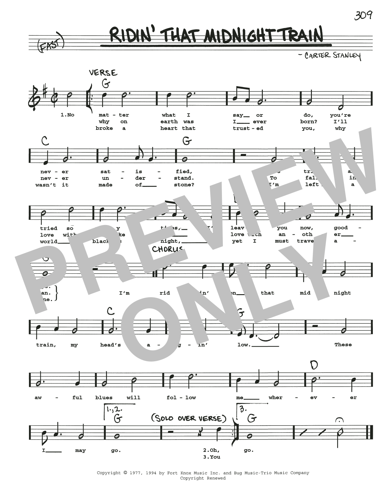 Download Carter Stanley Ridin' That Midnight Train Sheet Music and learn how to play Real Book – Melody, Lyrics & Chords PDF digital score in minutes