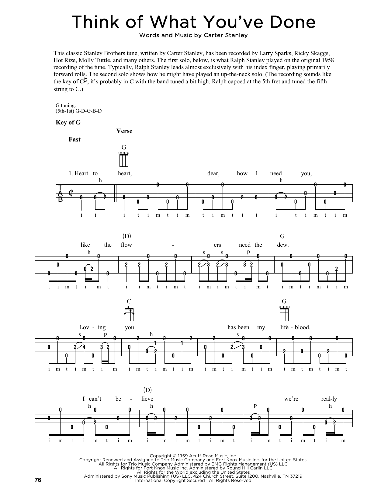 Download Carter Stanley Think Of What You've Done (arr. Fred Sokolow) Sheet Music and learn how to play Banjo Tab PDF digital score in minutes