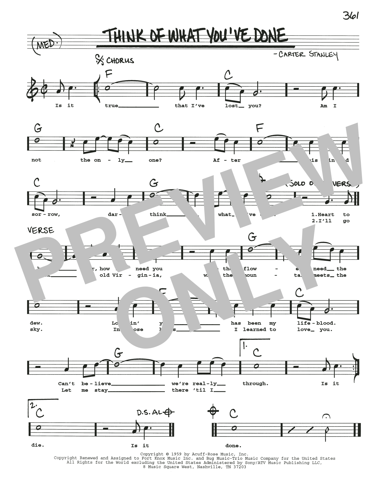 Download Carter Stanley Think Of What You've Done Sheet Music and learn how to play Real Book – Melody, Lyrics & Chords PDF digital score in minutes