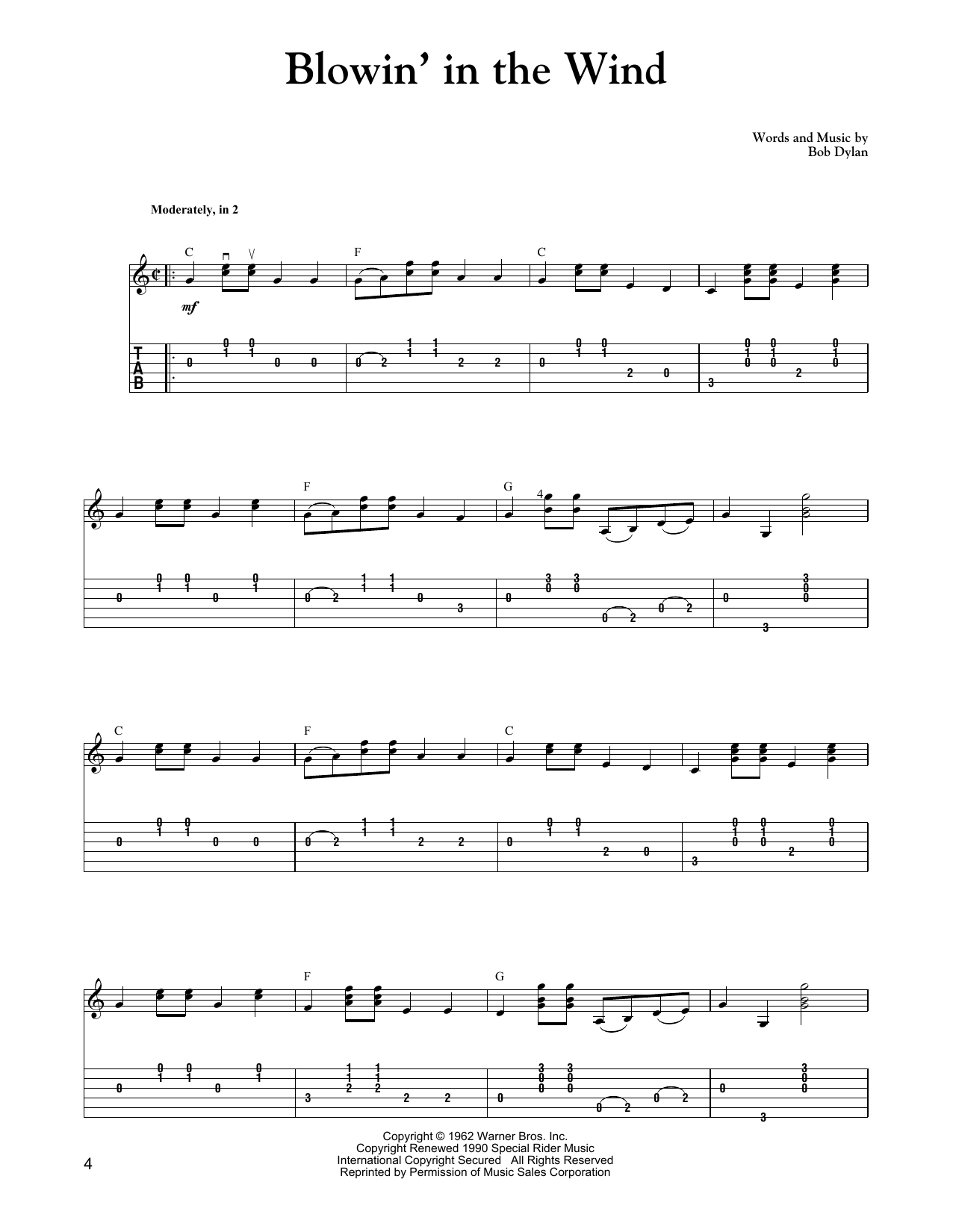 Download Bob Dylan Blowin' In The Wind (Carter Style Guitar) Sheet Music and learn how to play Guitar Tab PDF digital score in minutes