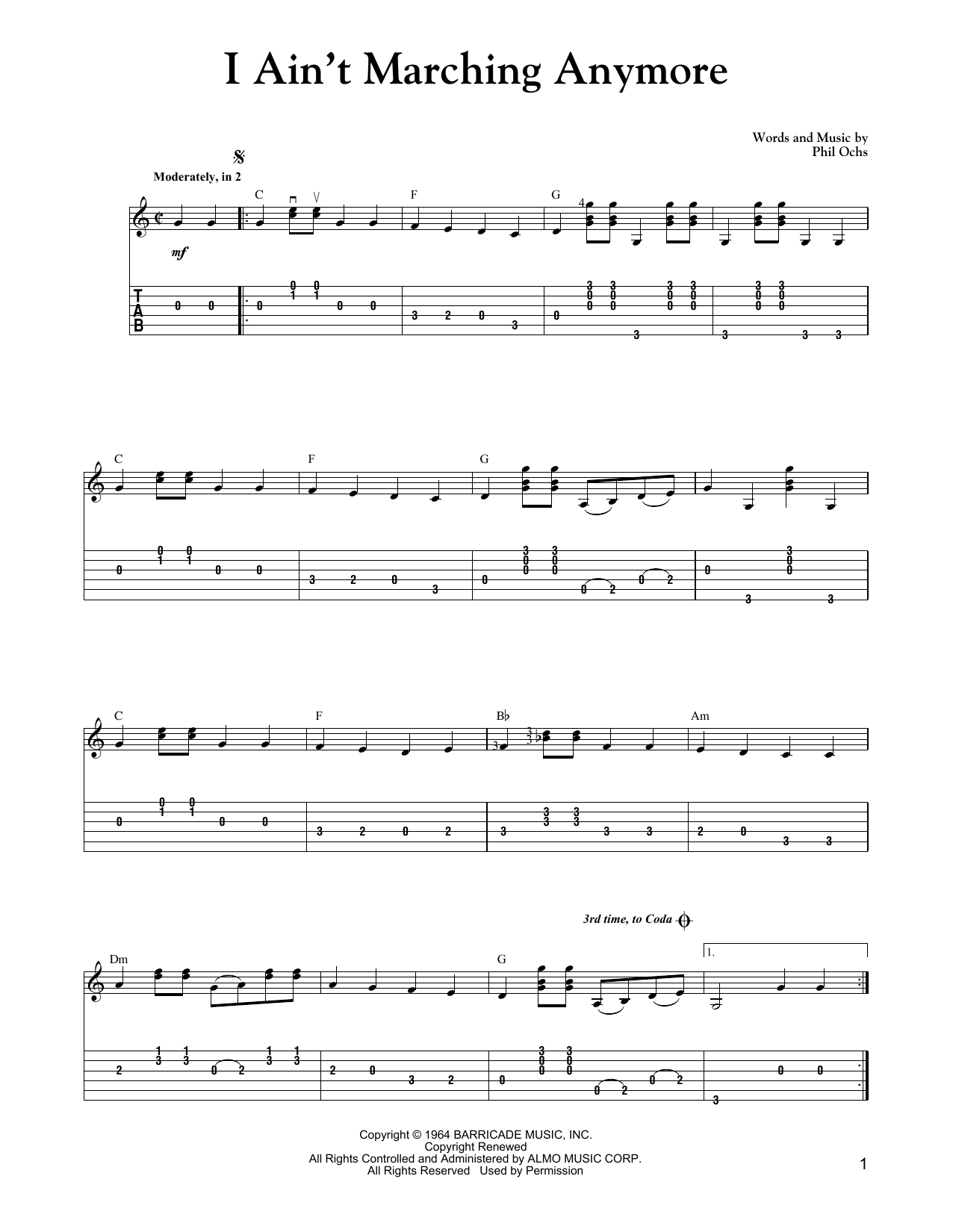 Download Phil Ochs I Ain't Marching Anymore (Carter Style Guitar) Sheet Music and learn how to play Guitar Tab PDF digital score in minutes