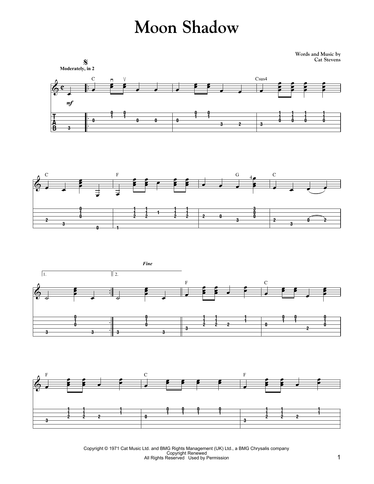 Download Cat Stevens Moon Shadow (Carter Style Guitar) Sheet Music and learn how to play Guitar Tab PDF digital score in minutes