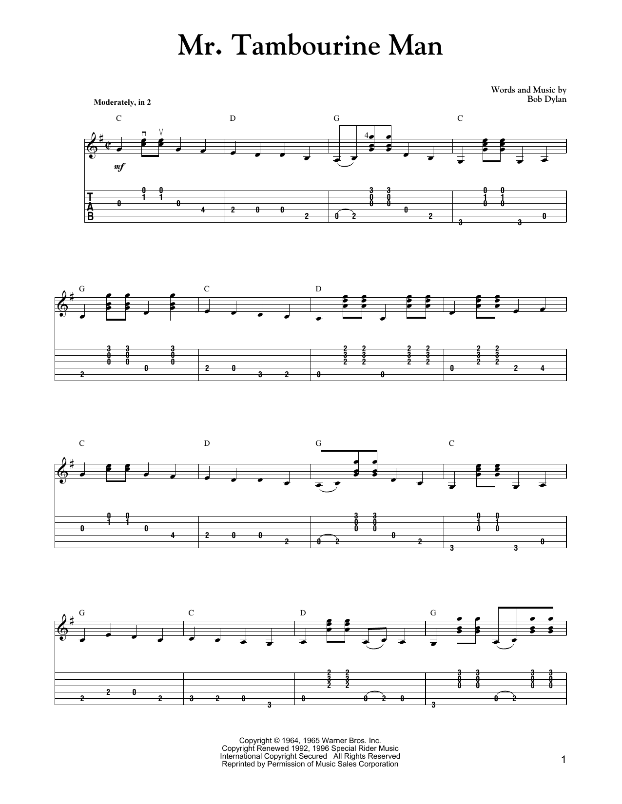 Download Bob Dylan Mr. Tambourine Man (Carter Style Guitar) Sheet Music and learn how to play Guitar Tab PDF digital score in minutes