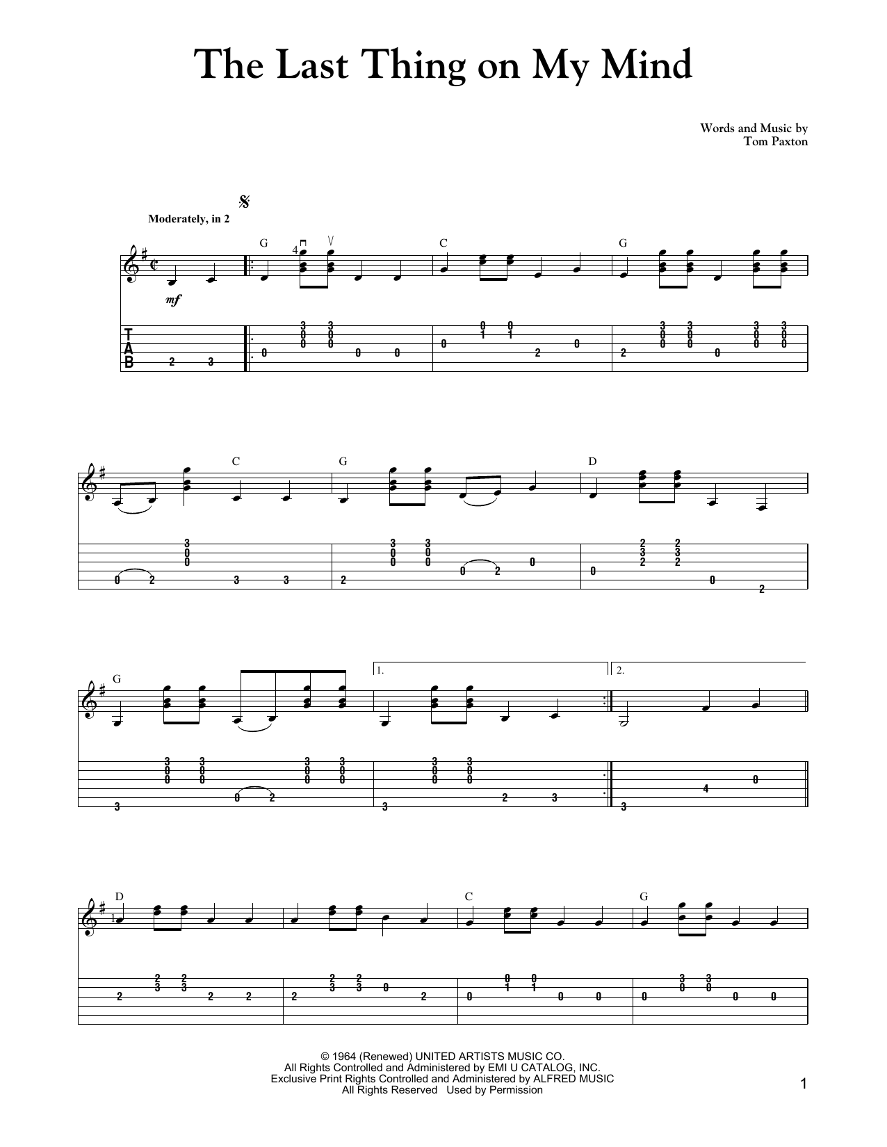 Download Tom Paxton The Last Thing On My Mind (Carter Style Guitar) Sheet Music and learn how to play Guitar Tab PDF digital score in minutes