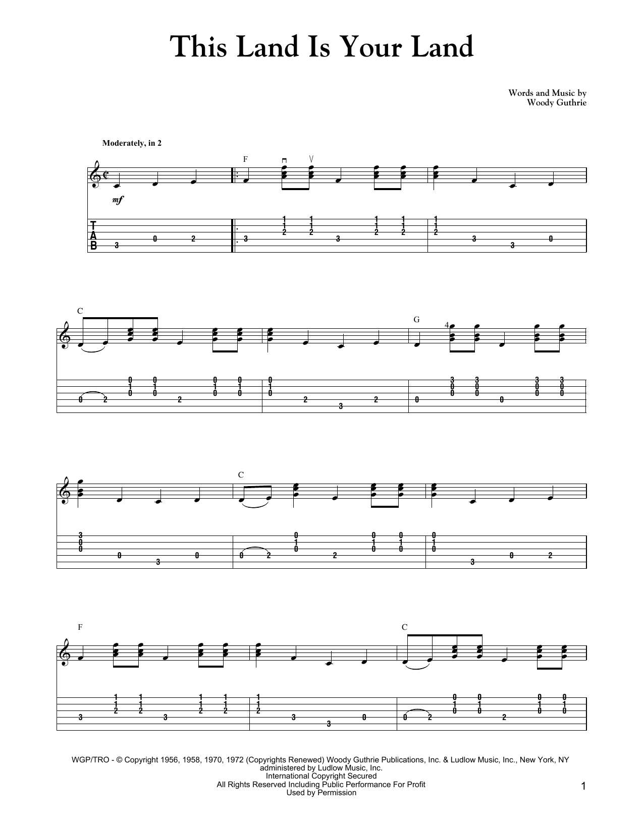 Download Woody Guthrie This Land Is Your Land (Carter Style Guitar) Sheet Music and learn how to play Guitar Tab PDF digital score in minutes