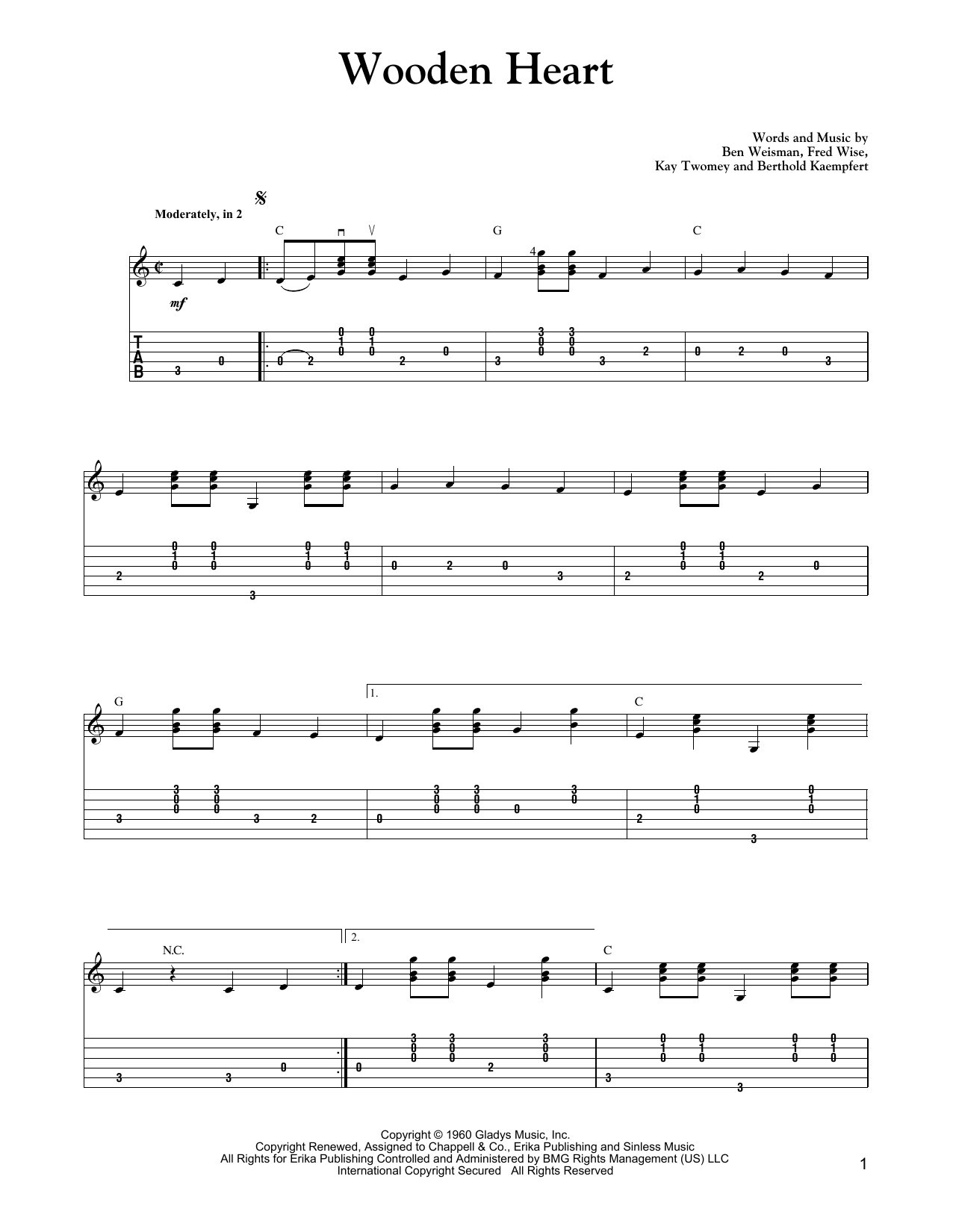 Download Elvis Presley Wooden Heart (Carter Style Guitar) Sheet Music and learn how to play Guitar Tab PDF digital score in minutes