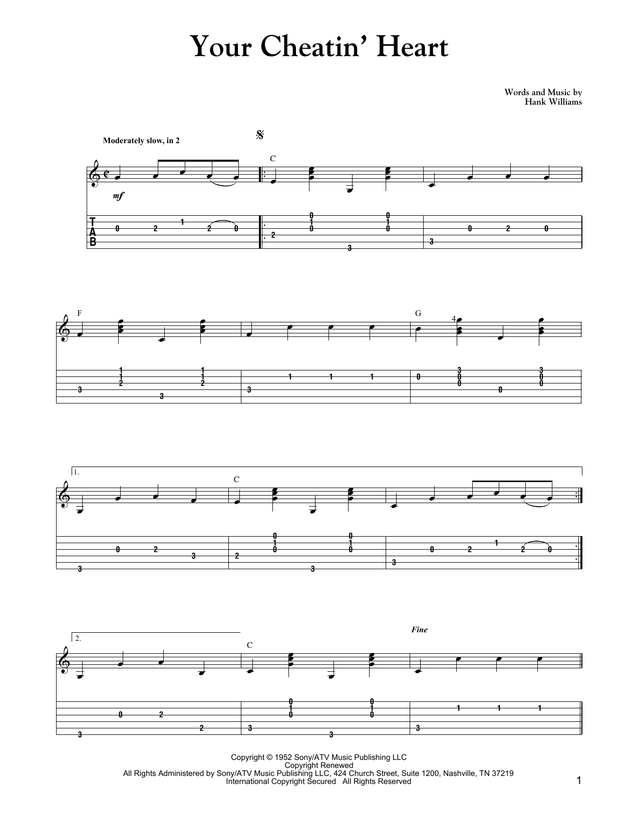 Download Patsy Cline Your Cheatin' Heart (Carter Style Guitar) Sheet Music and learn how to play Guitar Tab PDF digital score in minutes
