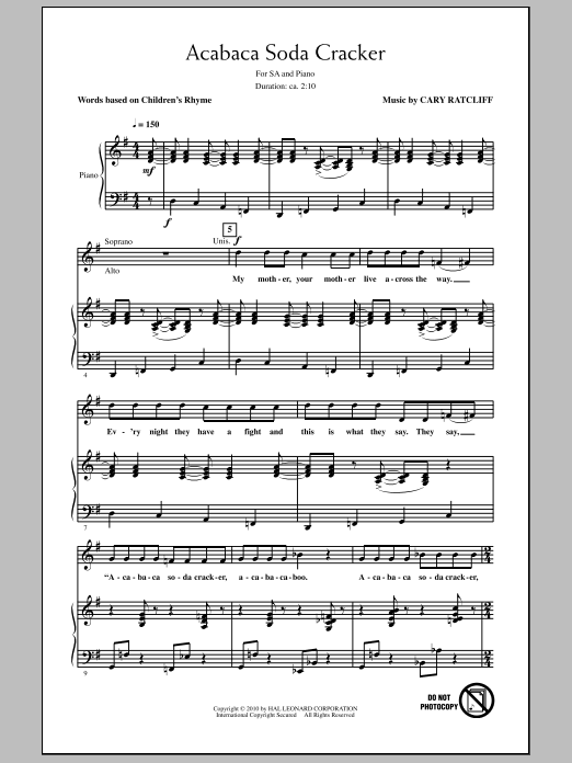 Download Cary Ratcliff Acabaca Soda Cracker Sheet Music and learn how to play 2-Part Choir PDF digital score in minutes