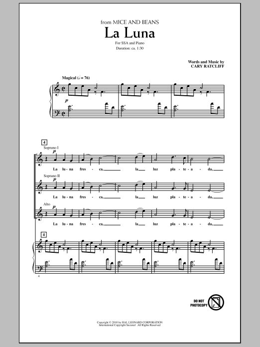 Download Cary Ratcliff La Luna Sheet Music and learn how to play SSA Choir PDF digital score in minutes