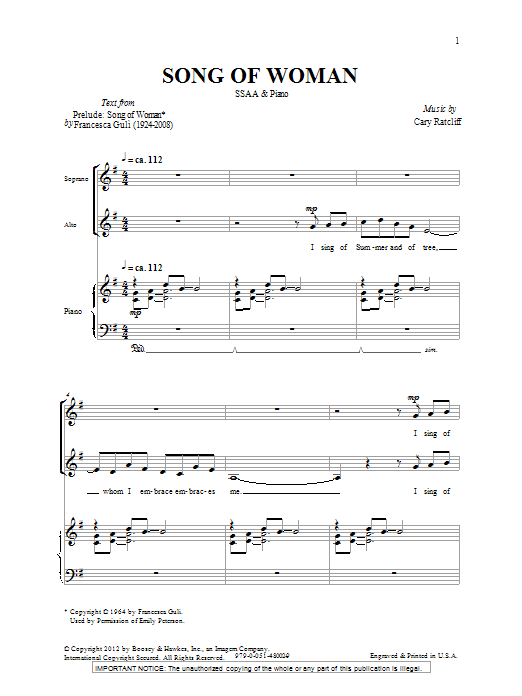 Download Cary Ratcliff Song Of Woman Sheet Music and learn how to play SSA PDF digital score in minutes