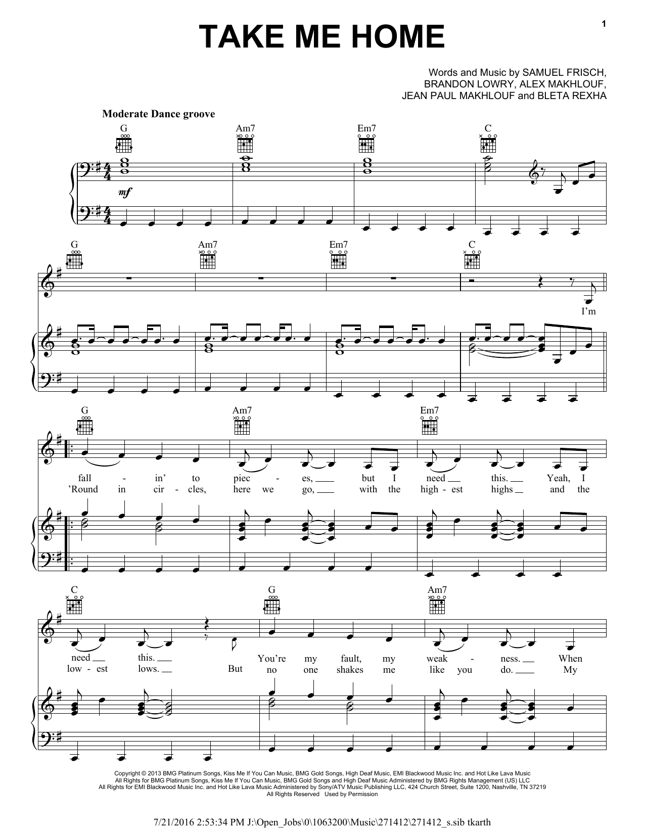 Download Cash Cash Take Me Home (feat. Bebe Rexha) Sheet Music and learn how to play Piano, Vocal & Guitar (Right-Hand Melody) PDF digital score in minutes