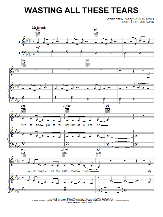 Download Cassadee Pope Wasting All These Tears Sheet Music and learn how to play Piano, Vocal & Guitar (Right-Hand Melody) PDF digital score in minutes