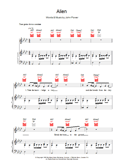 Download Cast Alien Sheet Music and learn how to play Piano, Vocal & Guitar PDF digital score in minutes