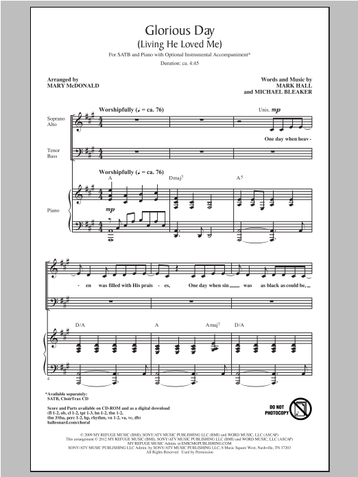 Download Casting Crowns Glorious Day (Living He Loved Me) (arr. Mary McDonald) Sheet Music and learn how to play SATB PDF digital score in minutes