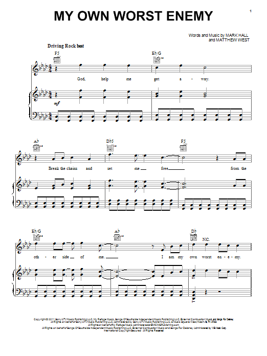 Download Casting Crowns My Own Worst Enemy Sheet Music and learn how to play Piano, Vocal & Guitar (Right-Hand Melody) PDF digital score in minutes