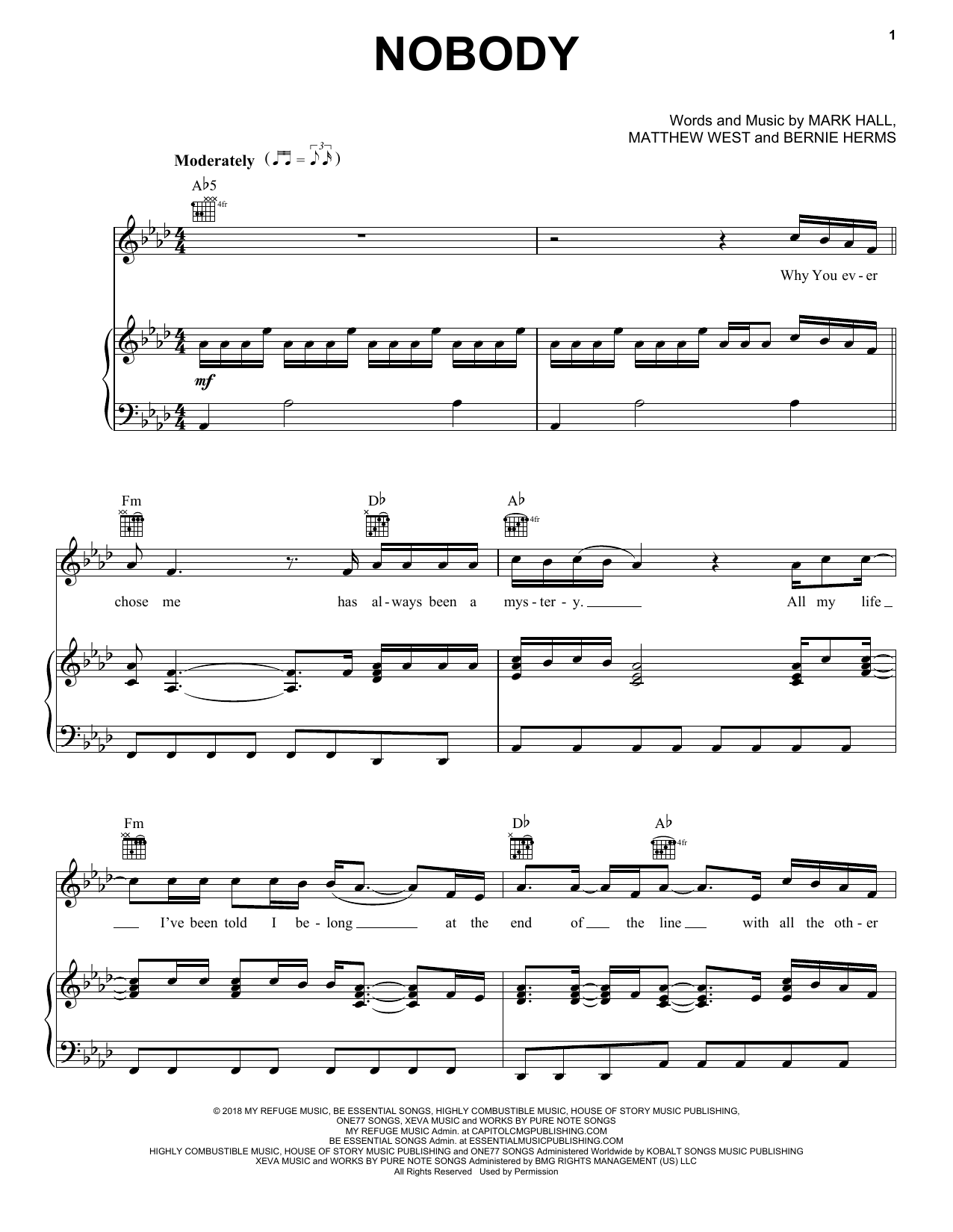 Download Casting Crowns Nobody Sheet Music and learn how to play Piano, Vocal & Guitar Chords (Right-Hand Melody) PDF digital score in minutes
