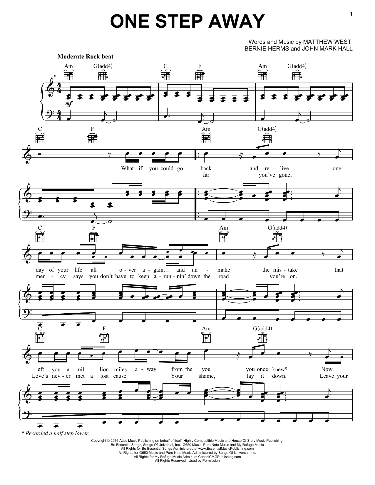 Download Casting Crowns One Step Away Sheet Music and learn how to play Piano, Vocal & Guitar (Right-Hand Melody) PDF digital score in minutes