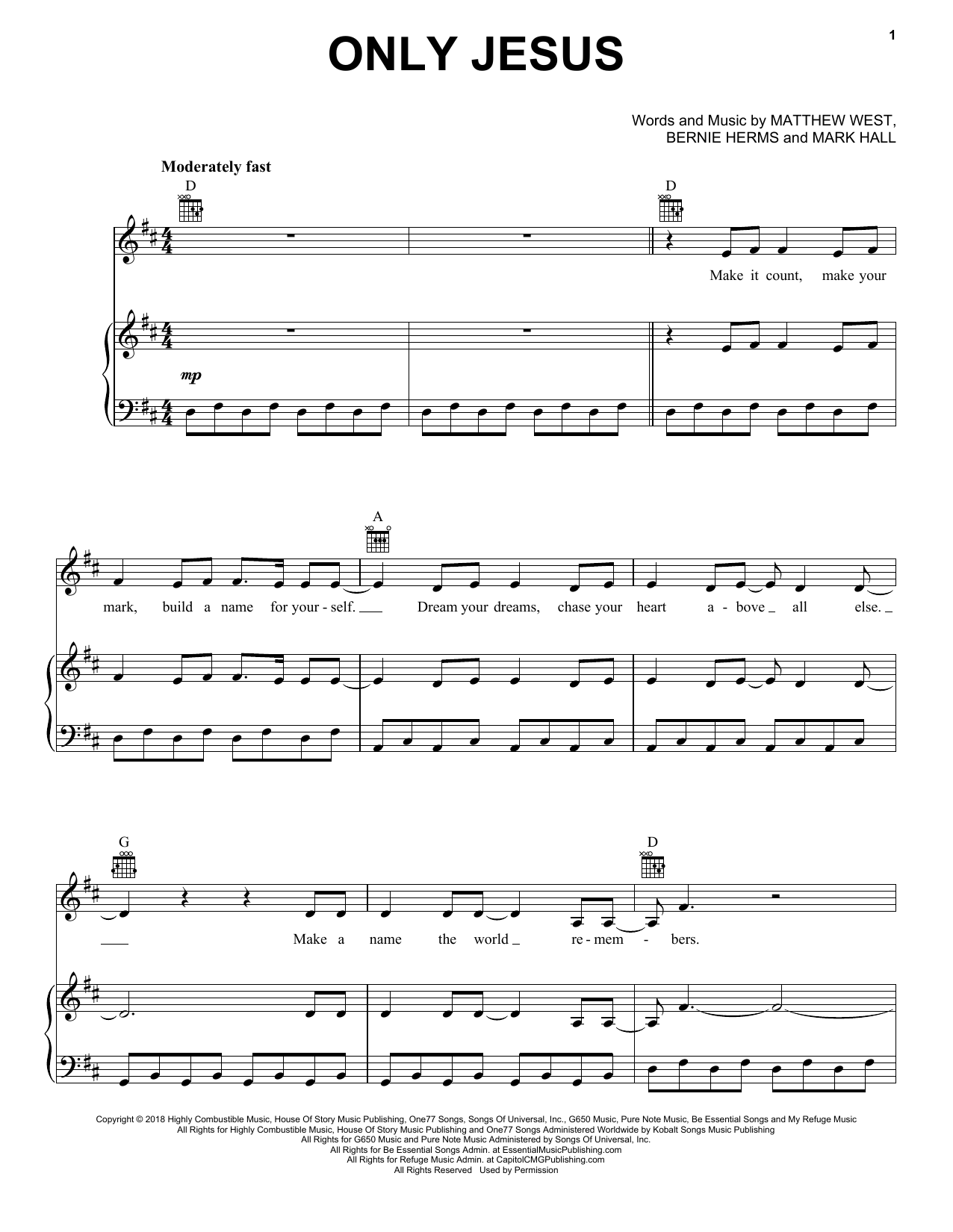 Download Casting Crowns Only Jesus Sheet Music and learn how to play Piano, Vocal & Guitar (Right-Hand Melody) PDF digital score in minutes
