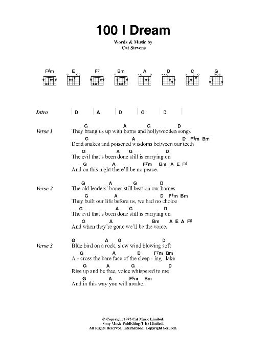 Download Cat Stevens 100 I Dream Sheet Music and learn how to play Lyrics & Chords PDF digital score in minutes