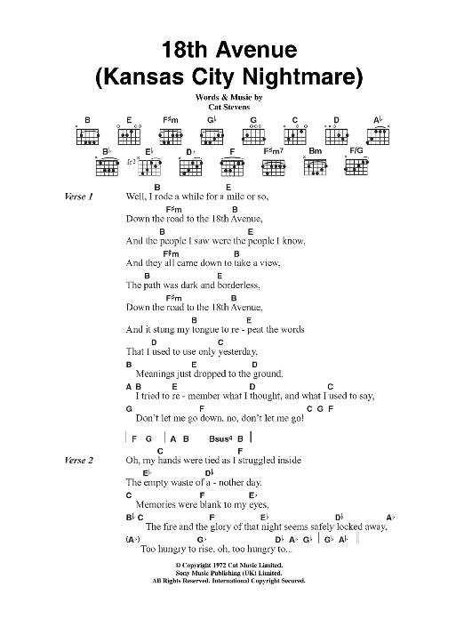 Download Cat Stevens 18th Avenue (Kansas City Nightmare) Sheet Music and learn how to play Lyrics & Chords PDF digital score in minutes