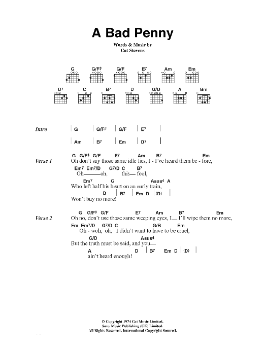 Download Cat Stevens A Bad Penny Sheet Music and learn how to play Lyrics & Chords PDF digital score in minutes