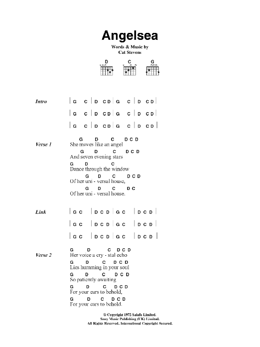 Download Cat Stevens Angelsea Sheet Music and learn how to play Lyrics & Chords PDF digital score in minutes