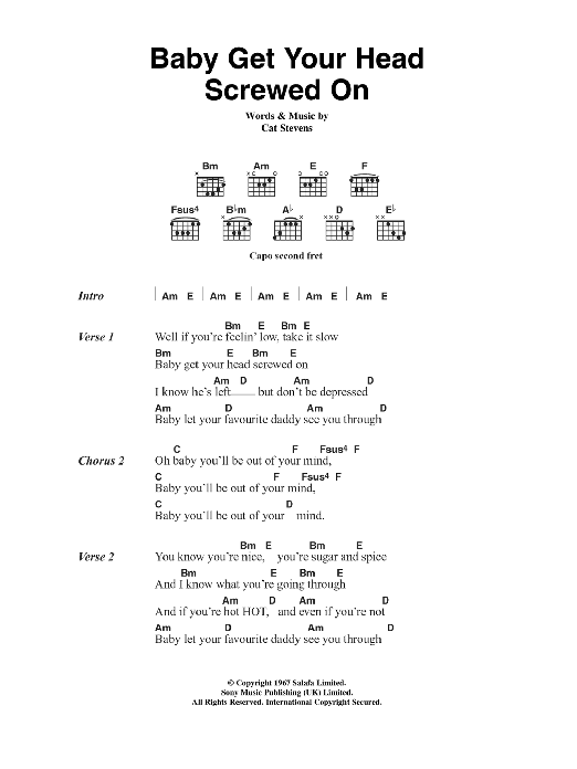 Download Cat Stevens Baby Get Your Head Screwed On Sheet Music and learn how to play Lyrics & Chords PDF digital score in minutes