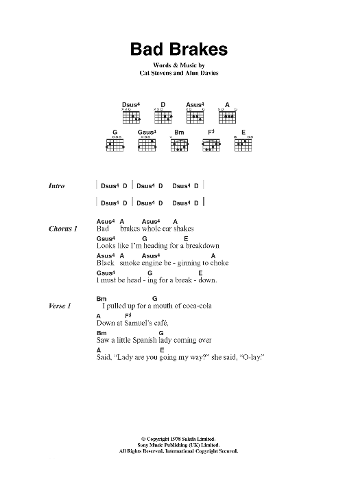 Download Cat Stevens Bad Brakes Sheet Music and learn how to play Lyrics & Chords PDF digital score in minutes