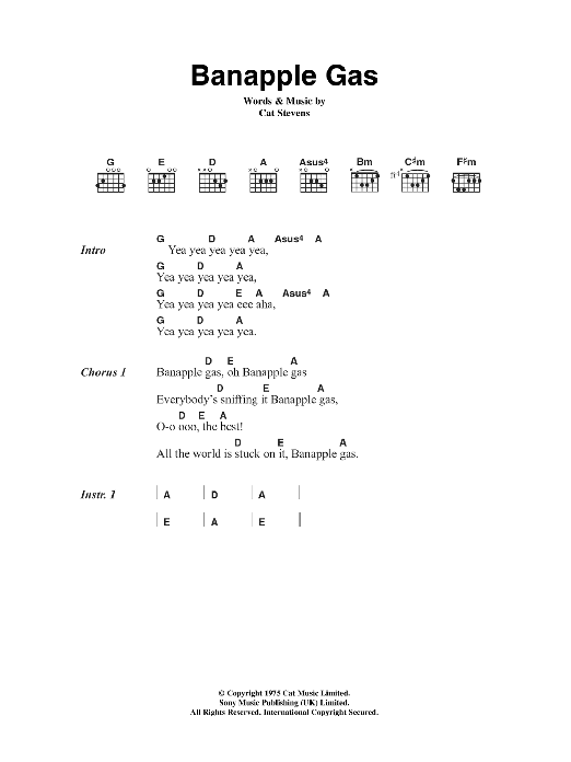 Download Cat Stevens Banapple Gas Sheet Music and learn how to play Lyrics & Chords PDF digital score in minutes