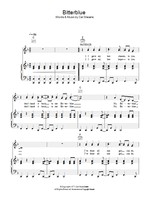 Download Cat Stevens Bitterblue (from the musical 'Moonshadow') Sheet Music and learn how to play Piano, Vocal & Guitar PDF digital score in minutes