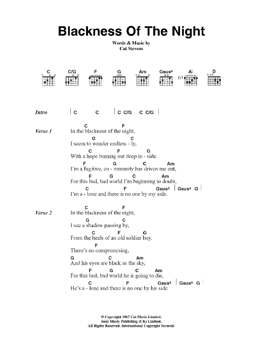 Download Cat Stevens Blackness Of The Night Sheet Music and learn how to play Lyrics & Chords PDF digital score in minutes