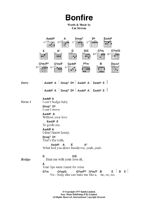 Download Cat Stevens Bonfire Sheet Music and learn how to play Lyrics & Chords PDF digital score in minutes