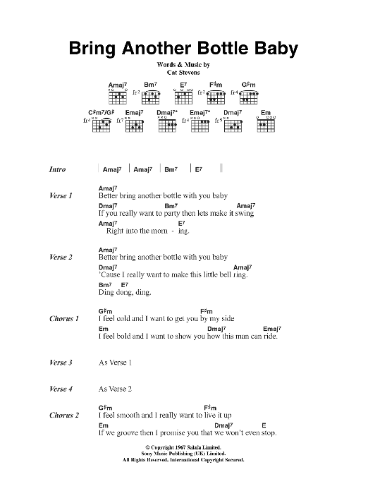 Download Cat Stevens Bring Another Bottle Baby Sheet Music and learn how to play Lyrics & Chords PDF digital score in minutes