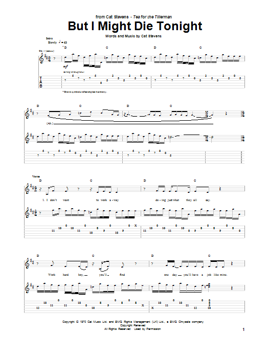 Download Cat Stevens But I Might Die Tonight (from the musical 'Moonshadow') Sheet Music and learn how to play Piano, Vocal & Guitar PDF digital score in minutes