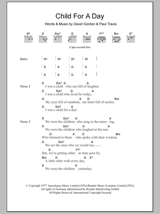 Download Cat Stevens Child For A Day Sheet Music and learn how to play Lyrics & Chords PDF digital score in minutes
