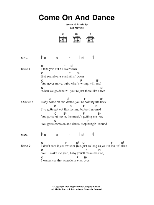 Download Cat Stevens Come On And Dance Sheet Music and learn how to play Lyrics & Chords PDF digital score in minutes