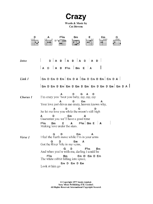 Download Cat Stevens Crazy Sheet Music and learn how to play Lyrics & Chords PDF digital score in minutes