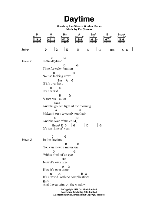 Download Cat Stevens Daytime Sheet Music and learn how to play Lyrics & Chords PDF digital score in minutes
