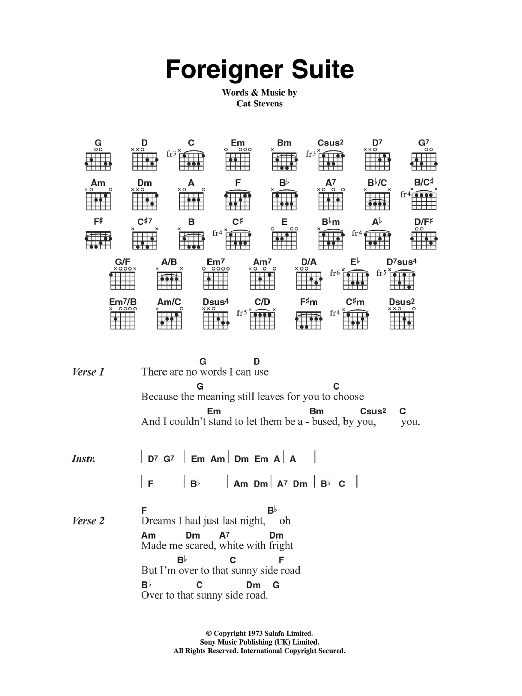 Download Cat Stevens Foreigner Suite Sheet Music and learn how to play Lyrics & Chords PDF digital score in minutes