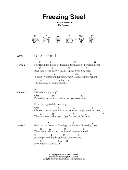 Download Cat Stevens Freezing Steel Sheet Music and learn how to play Lyrics & Chords PDF digital score in minutes