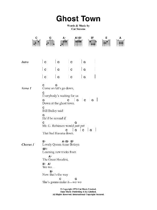 Download Cat Stevens Ghost Town Sheet Music and learn how to play Lyrics & Chords PDF digital score in minutes