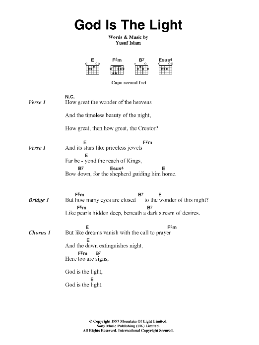 Download Cat Stevens God Is The Light Sheet Music and learn how to play Lyrics & Chords PDF digital score in minutes