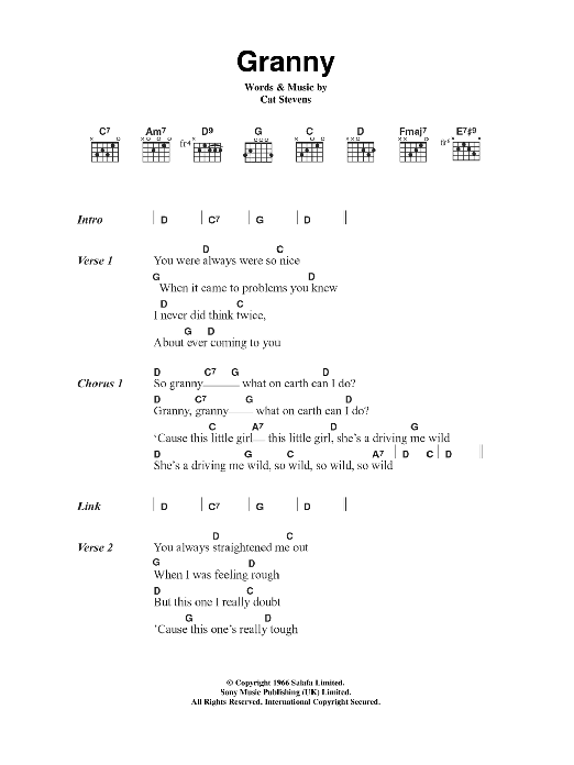 Download Cat Stevens Granny Sheet Music and learn how to play Lyrics & Chords PDF digital score in minutes