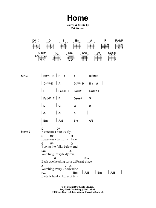 Download Cat Stevens Home Sheet Music and learn how to play Lyrics & Chords PDF digital score in minutes