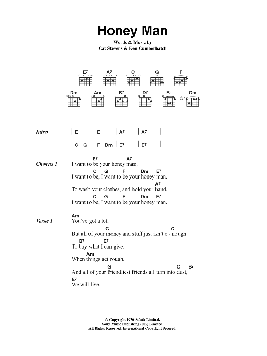 Download Cat Stevens Honey Man Sheet Music and learn how to play Lyrics & Chords PDF digital score in minutes