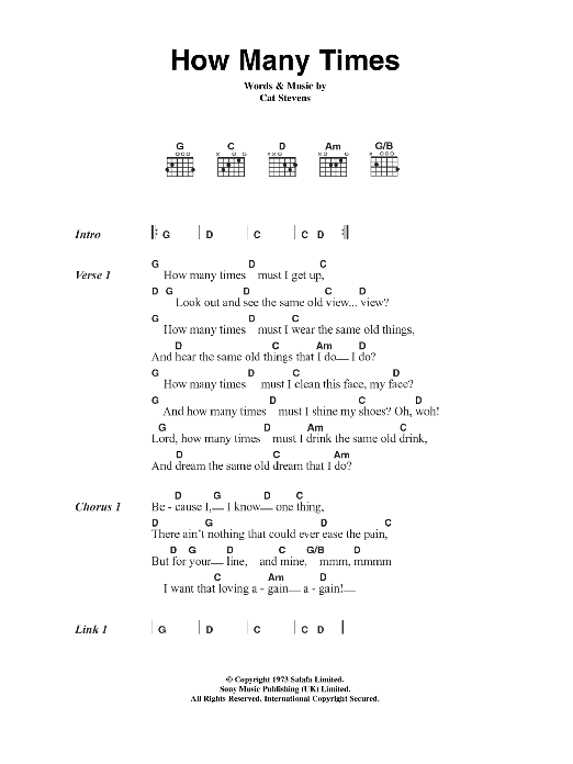 Download Cat Stevens How Many Times Sheet Music and learn how to play Lyrics & Chords PDF digital score in minutes