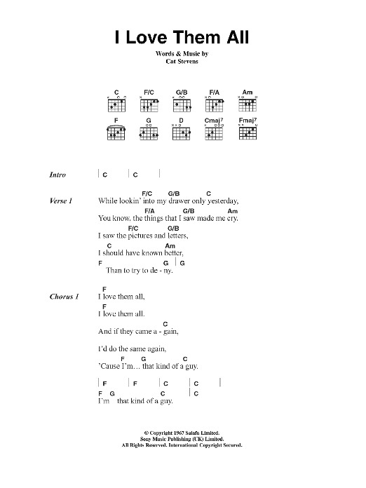 Download Cat Stevens I Love Them All Sheet Music and learn how to play Lyrics & Chords PDF digital score in minutes